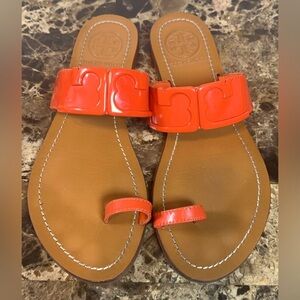 Tory Burch Marcia Patent Toe Ring Orange Sandal Flip Flops Shoes